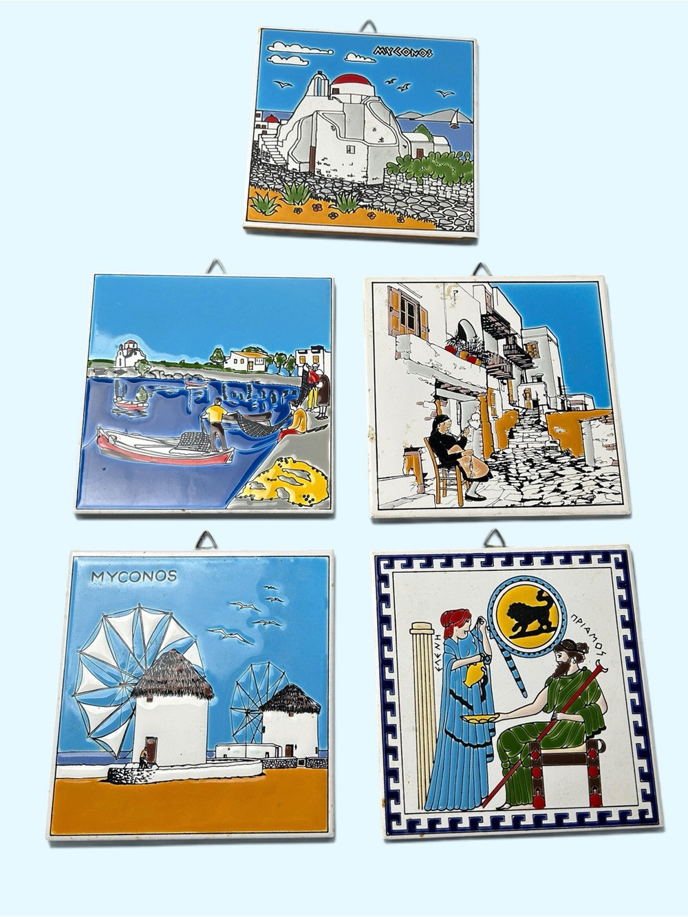 Vintage Greek Ceramic Mykonos Wall Tiles Set of 5 Niarchos